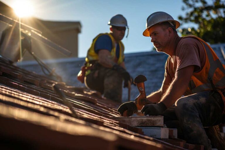 Roofing workers inspect roof decking beside stacked shingles and installed underlayment on a residential home.